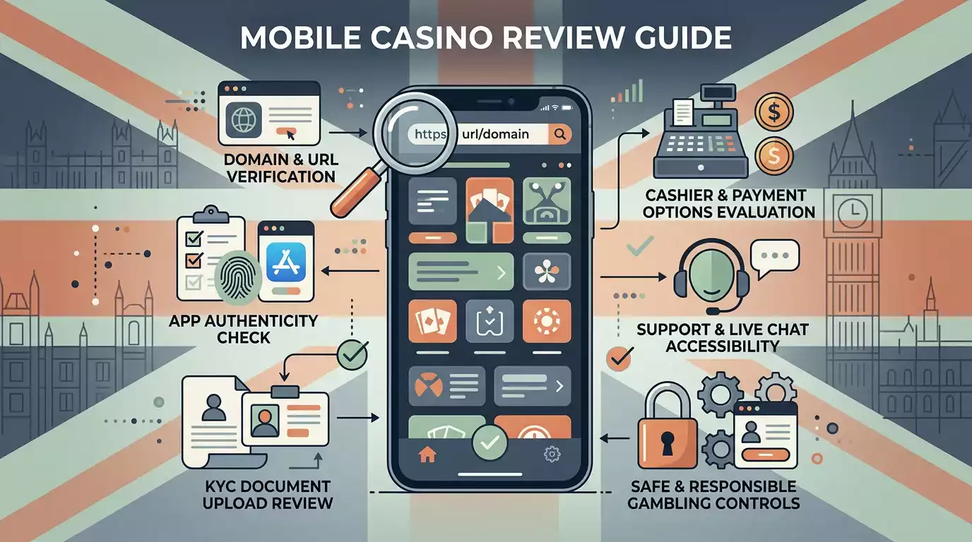 Editorial illustration of a mobile casino verification checklist