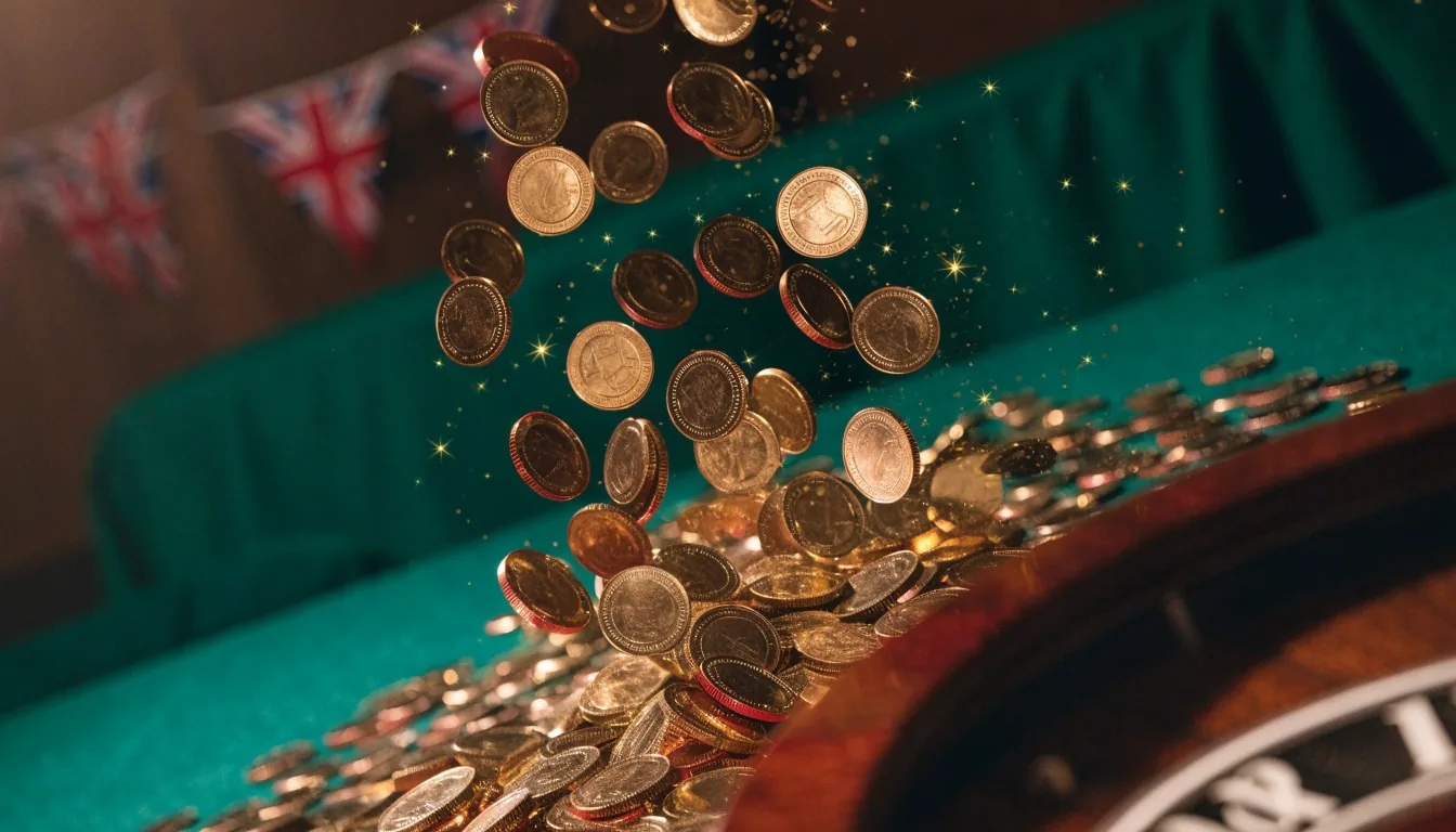 Gold coins and sparkles over a green casino table with a roulette wheel and British bunting in the background.