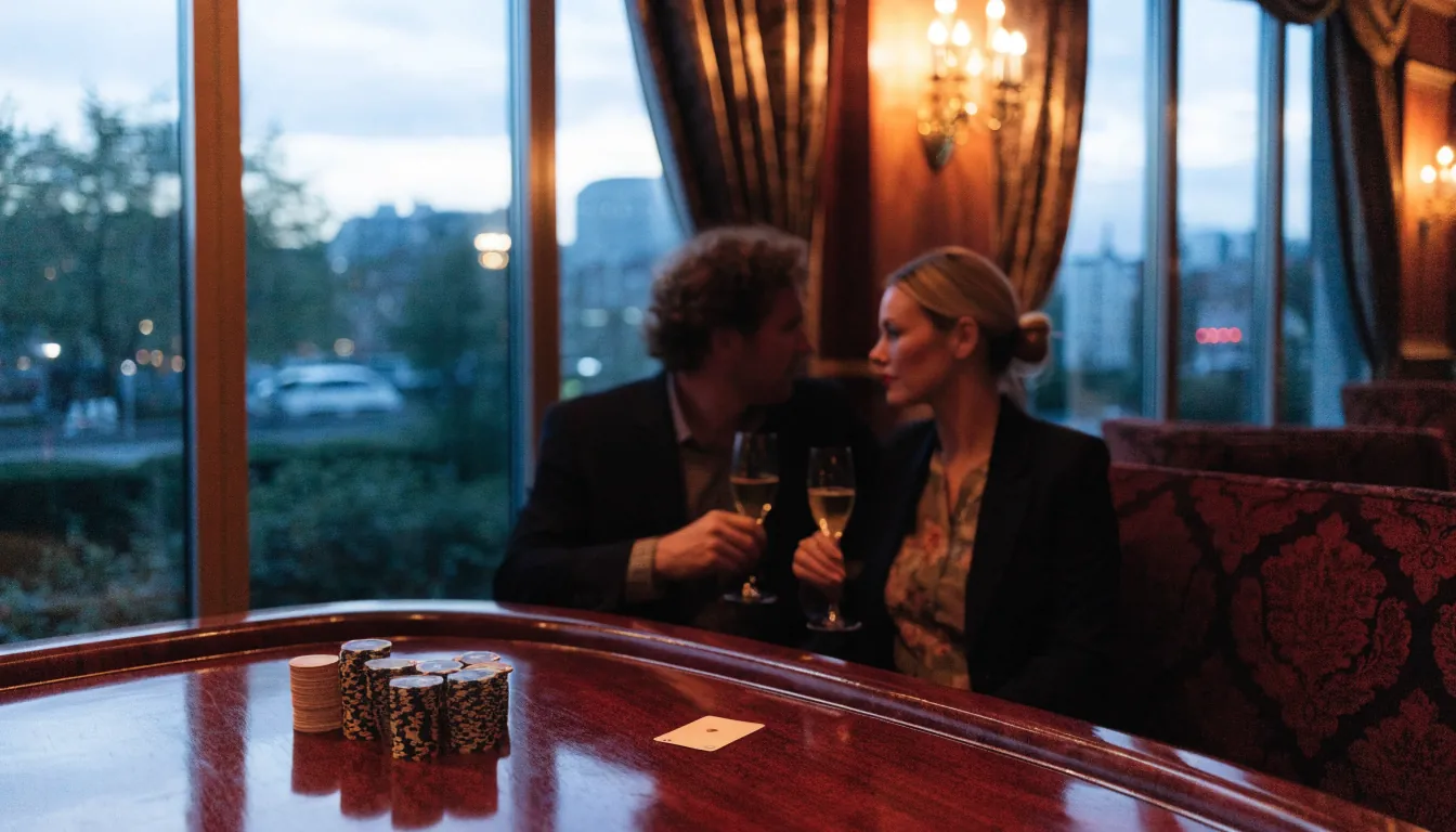 Elegant London casino lounge with chips and champagne at a gaming table