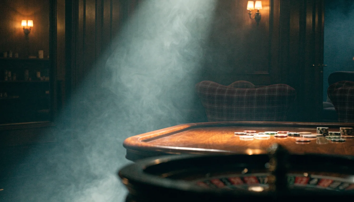 Moody British casino lounge with chips and roulette wheel under a spotlight