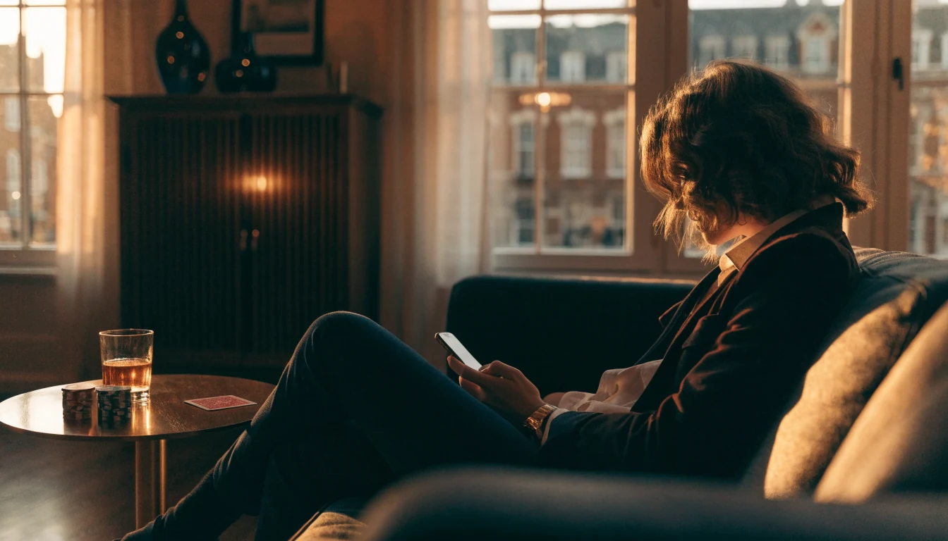 Young adult in a modern London apartment holding a smartphone with casino chips nearby
