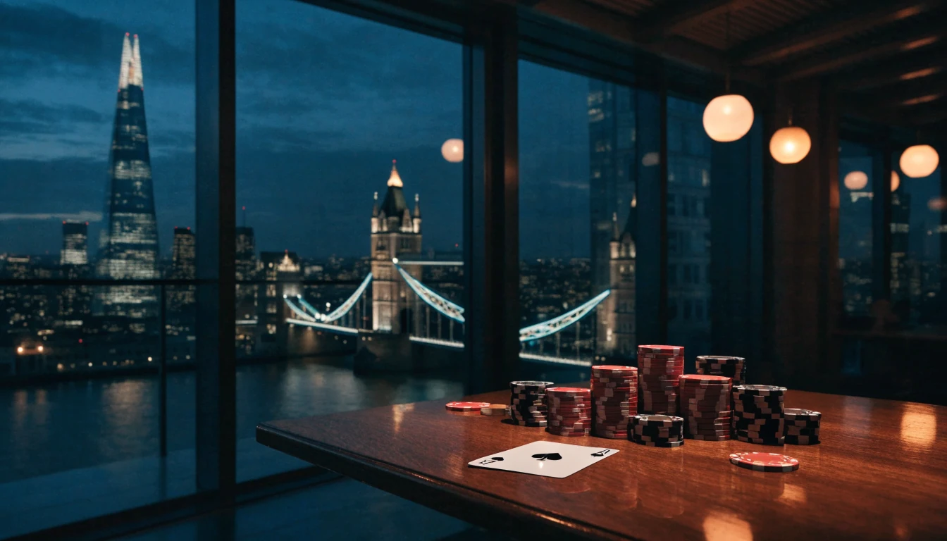 London rooftop lounge at night with casino chips, a playing card, and city skyline through the window