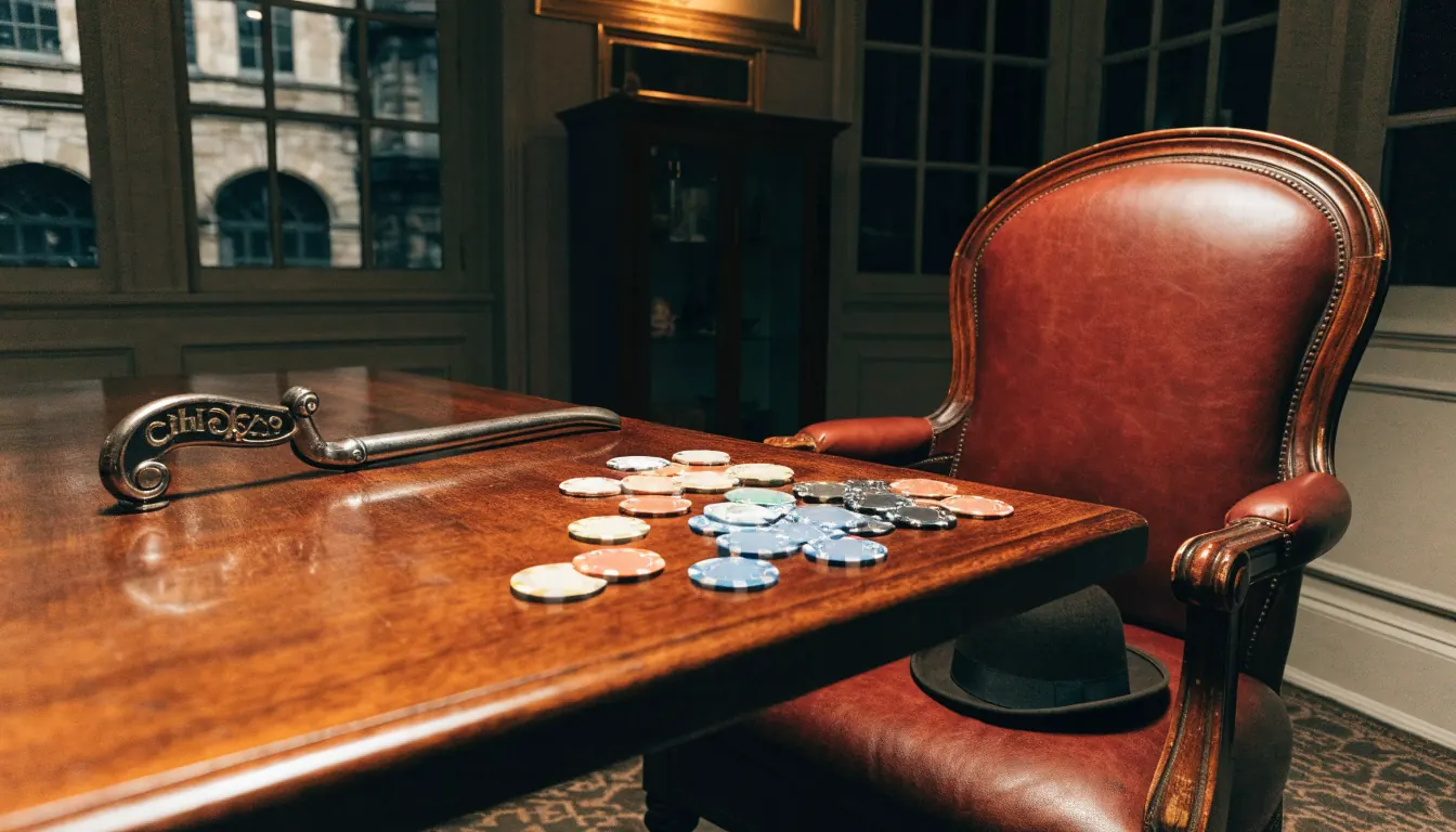 Classic British casino lounge with chips and slot lever
