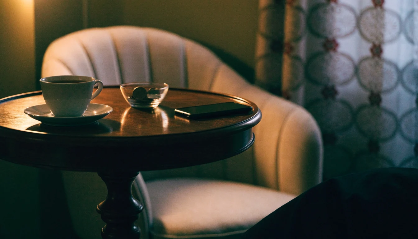 Cozy British home setting with coins and a teacup, suggesting online gaming atmosphere.