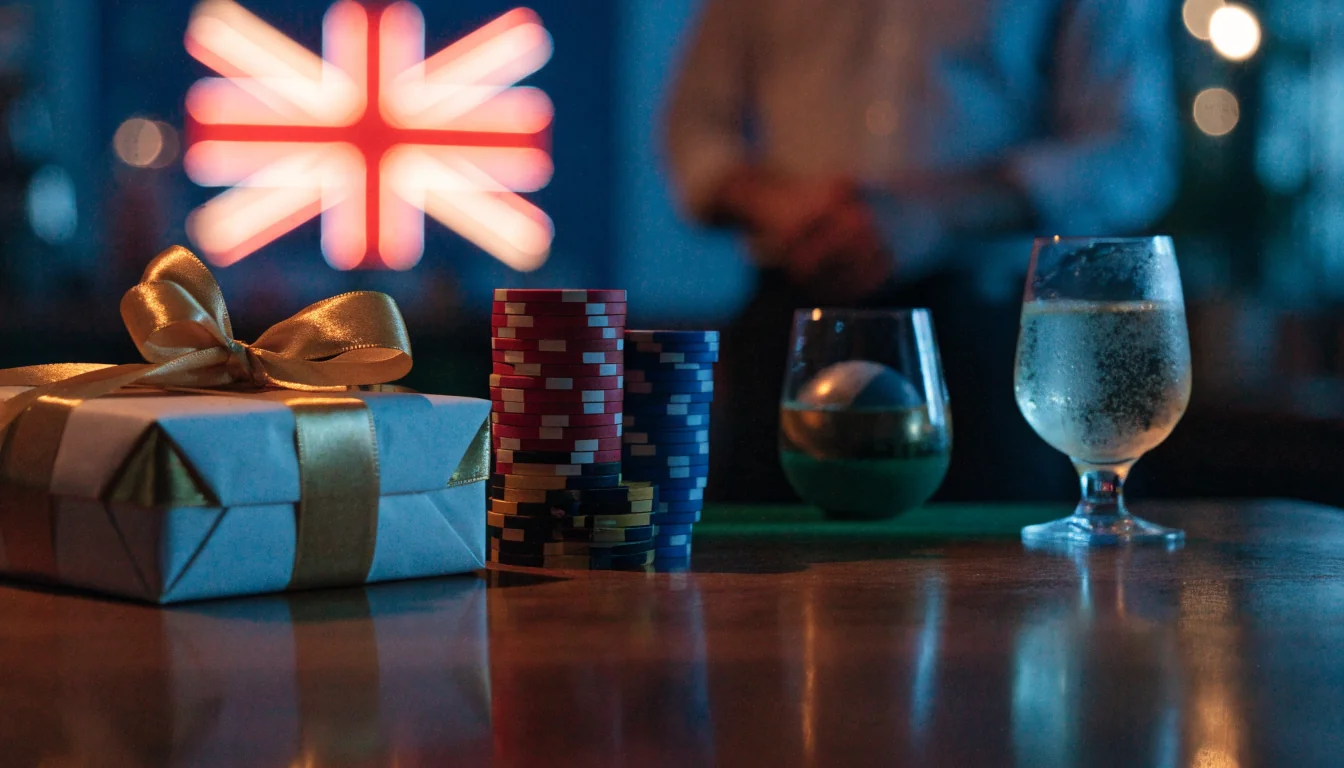 Birthday gift box beside roulette chips on a London bar counter