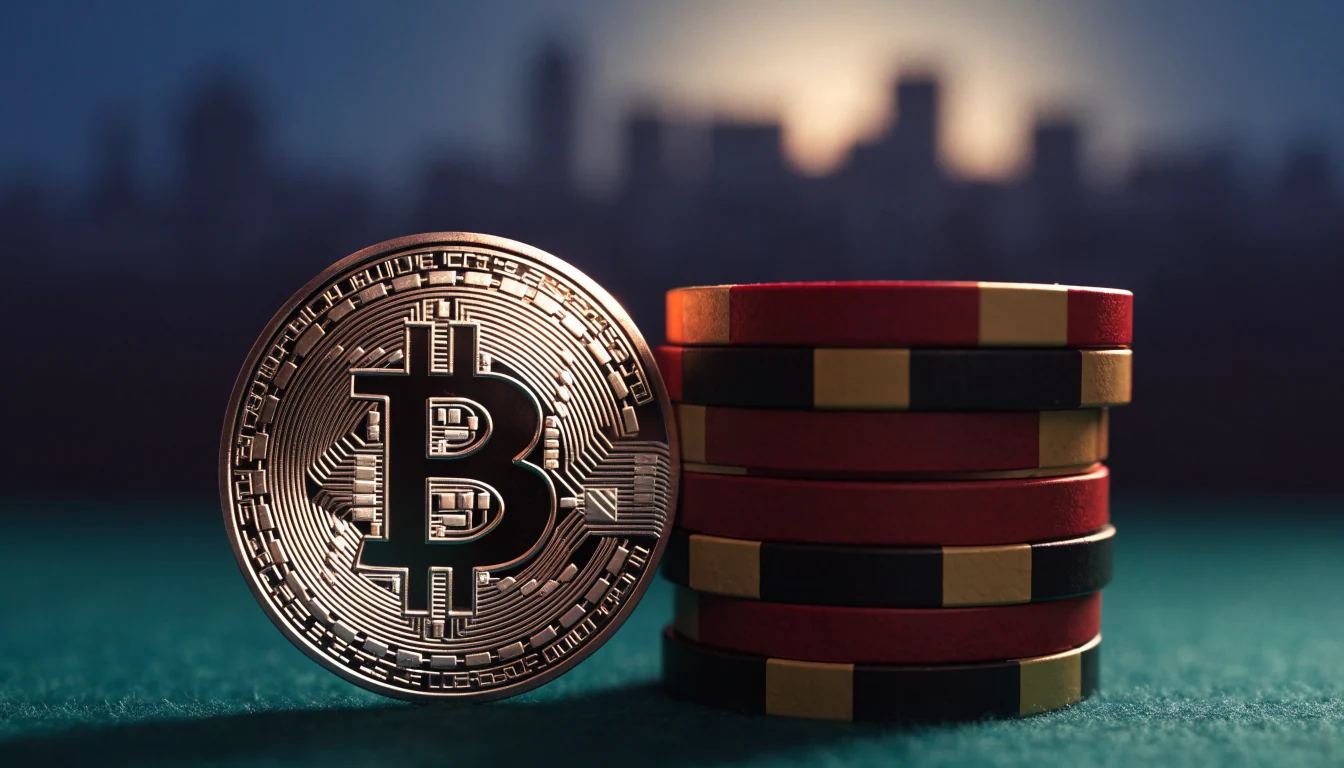 Bitcoin token and casino chips on a green felt surface with a faint London skyline.
