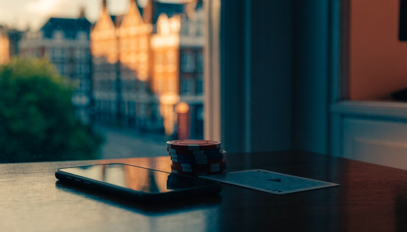 Smartphone with casino chips on a table, London cityscape in background