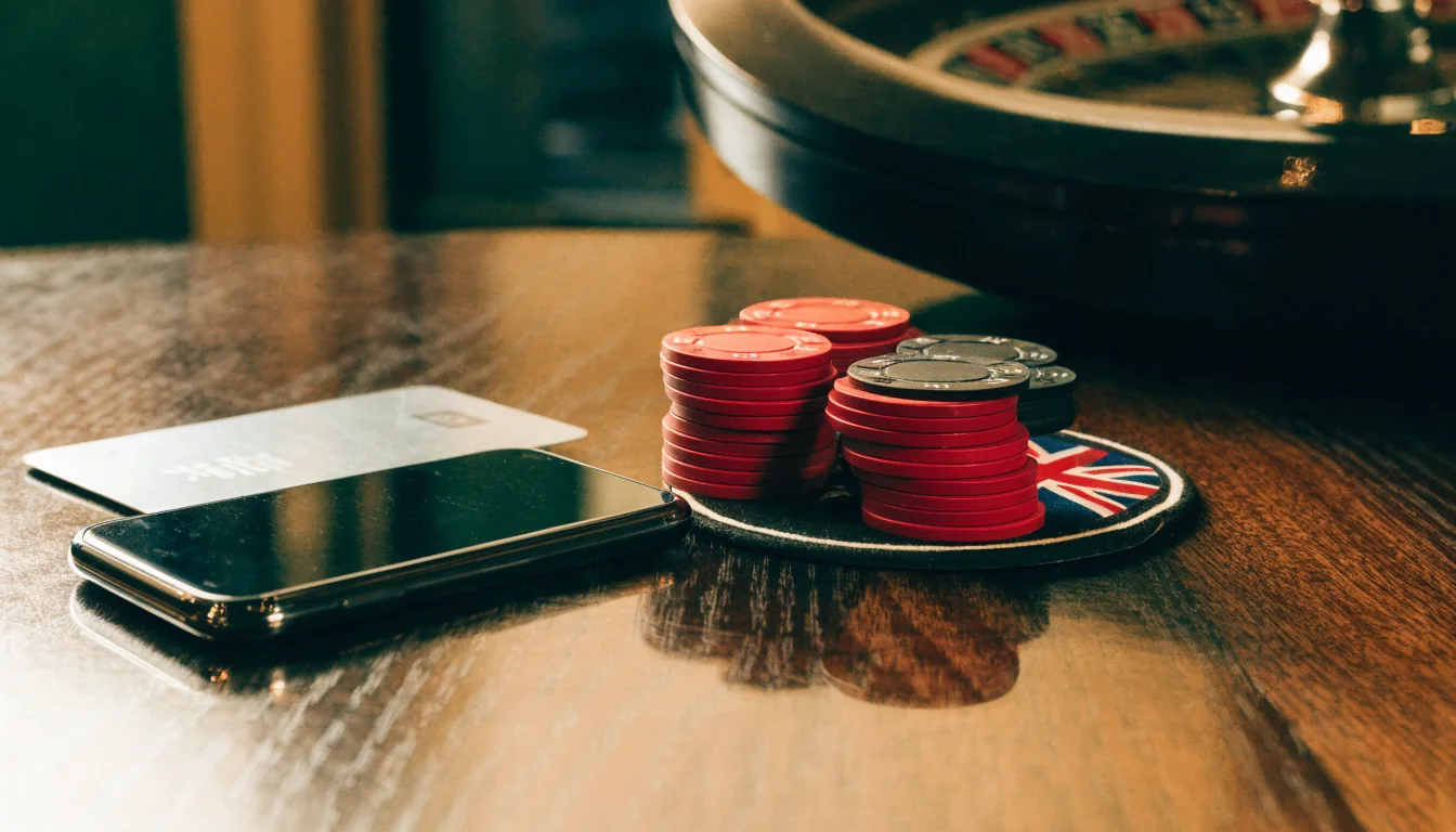 Casino chips, roulette wheel, and payment card on a dark table