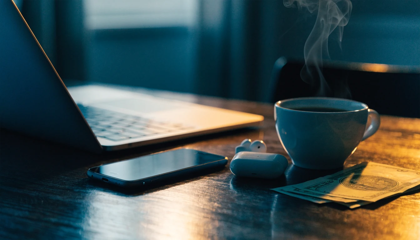 Smartphone, pound banknotes and coffee on a desk suggesting UK online casino payments