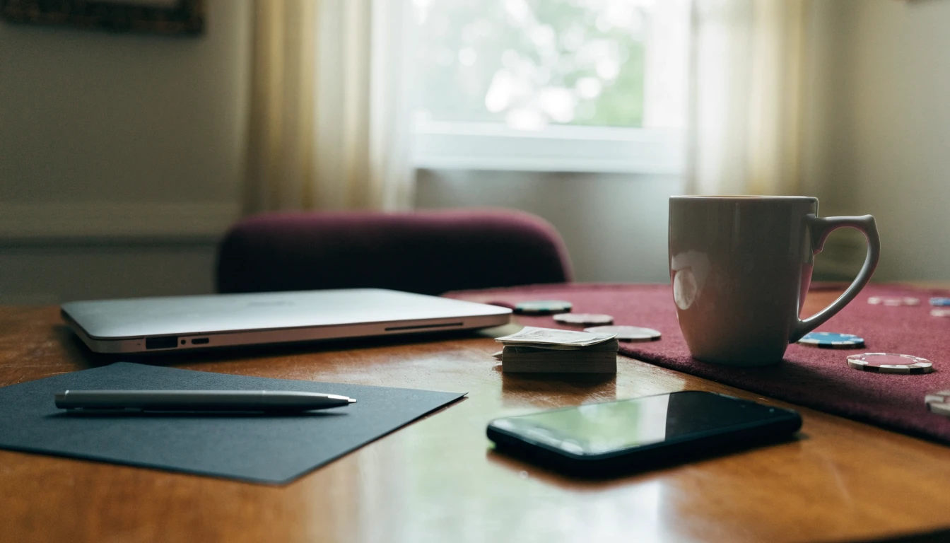 UK home office desk with closed laptop, tea mug, poker chips and banknotes