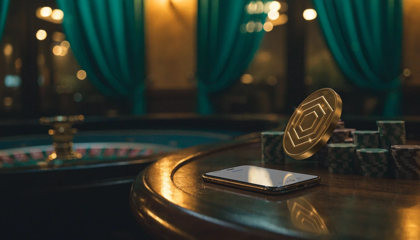 Casino table with chips, smartphone, and a floating stablecoin token in a London lounge