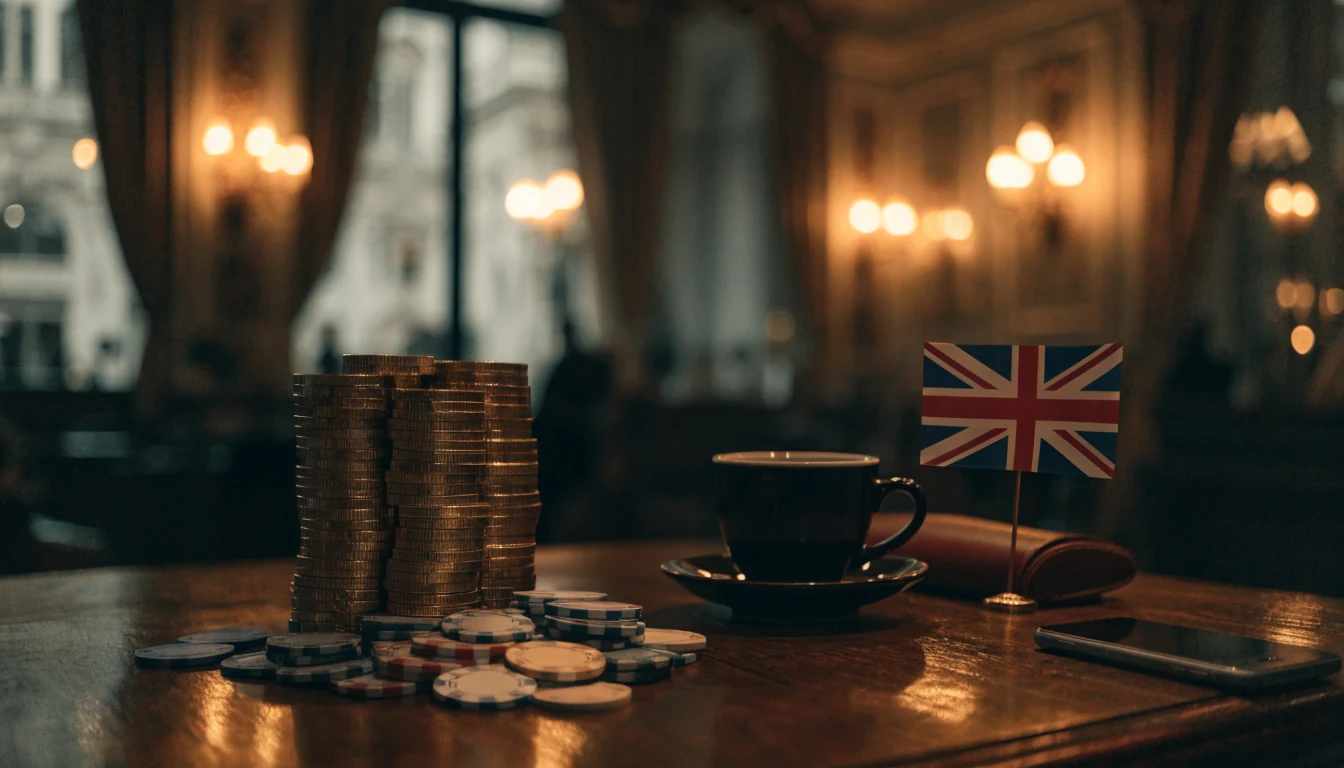 USDC stablecoin tokens and casino chips on a London club table