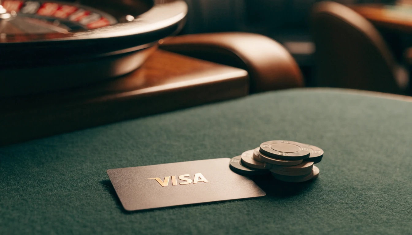 Visa debit card and poker chips on a casino table