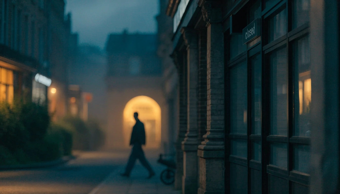 Closed UK betting shop contrasted with a distant offshore casino entrance at dusk.